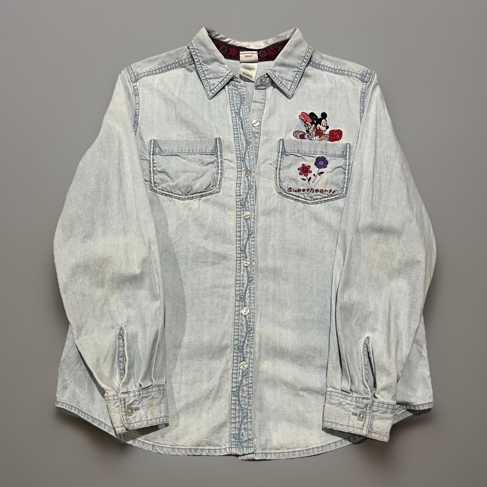 Vtg Disney Womens Blue Denim Mickey Mouse Sweethearts Embroidered Shirt M
